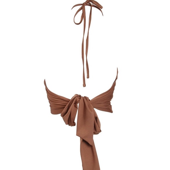 New Arrival: Brown Halter Neck Tie Crop Top - Double Layered - Picture 2 of 2